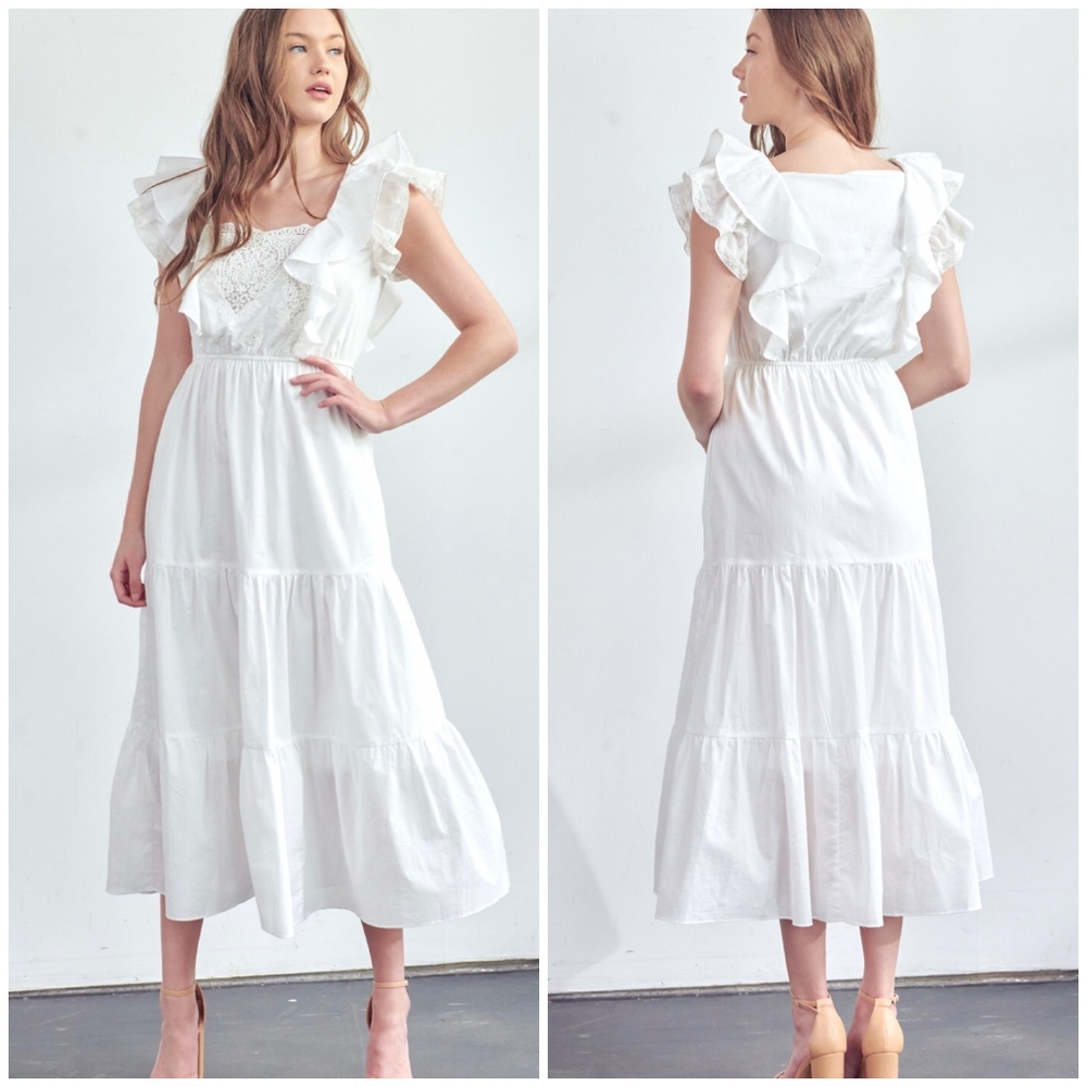 POLAGRAM White Embroidered Crochet Tiered Midi Dress - Picture 5 of 8